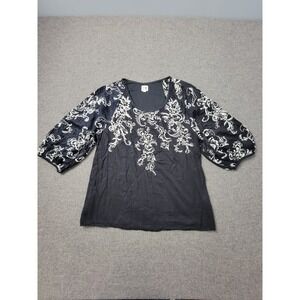 Edmé & Esyllte Blouse Top Womens 8 Black White Embroidered Floral Boho Pullover‎